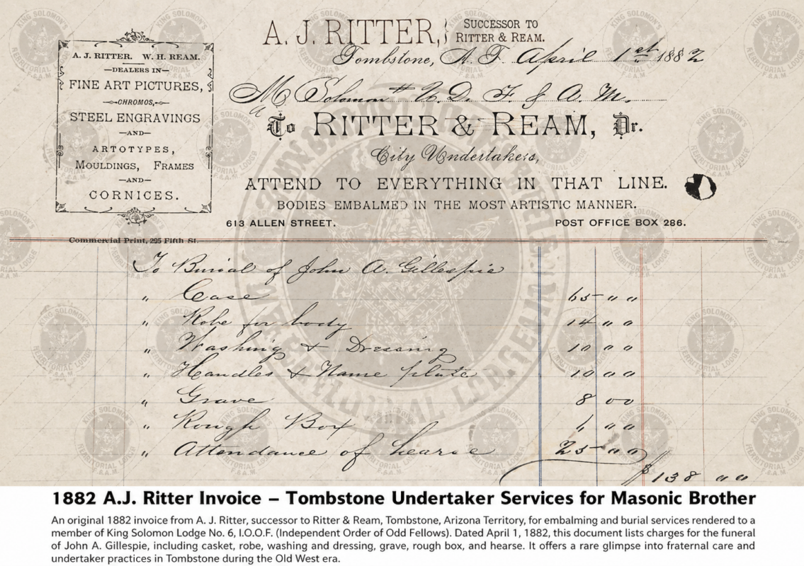 1882 A.J. Ritter Invoice – Tombstone Undertaker Services for Masonic ...